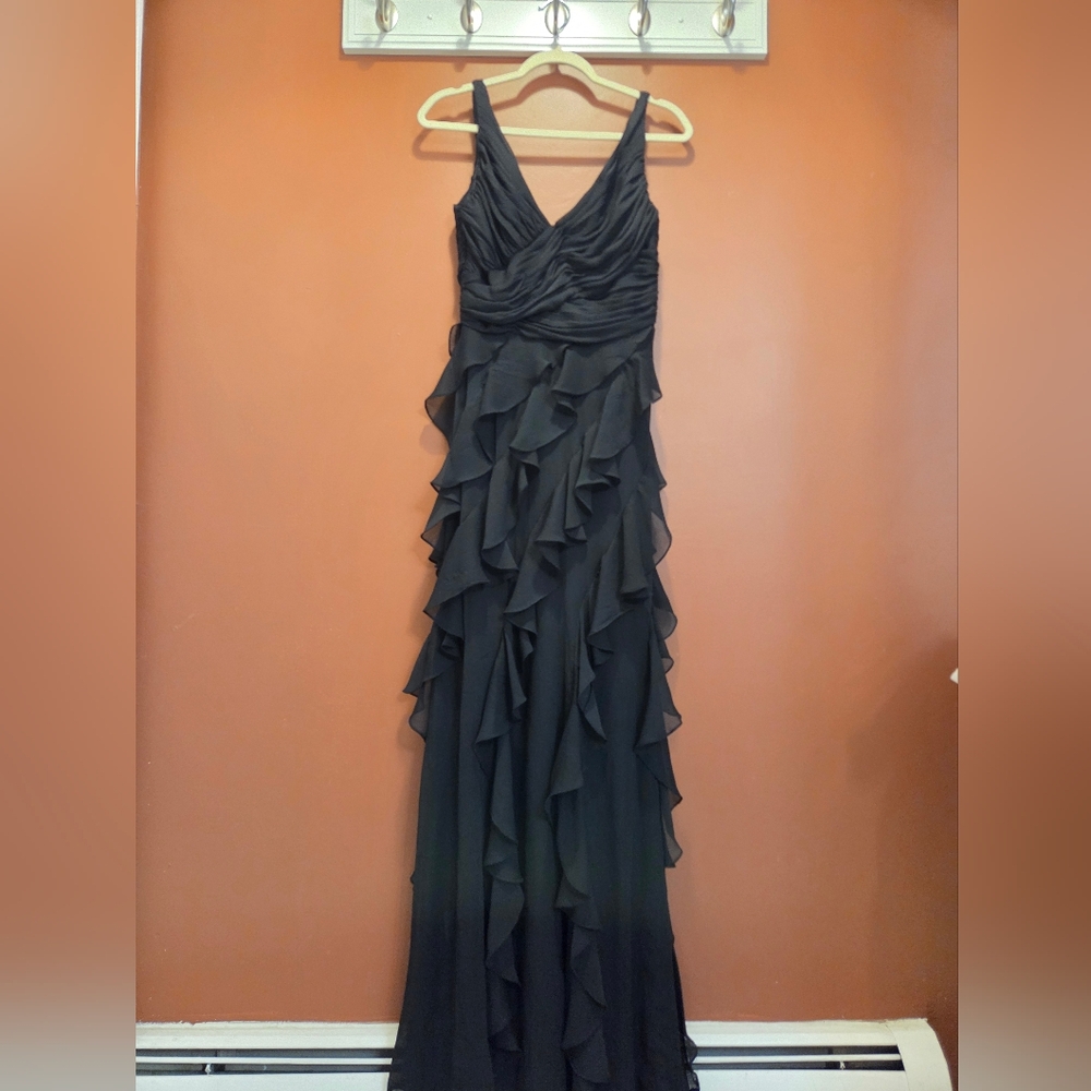 BADGLEY MISCHKA Black Ruffle Georgette Gown